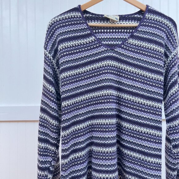 Vintage Purple Striped V-Neck Knit Sweater Pullover Women's Size Medium Soft Coz - Picture 1 of 10